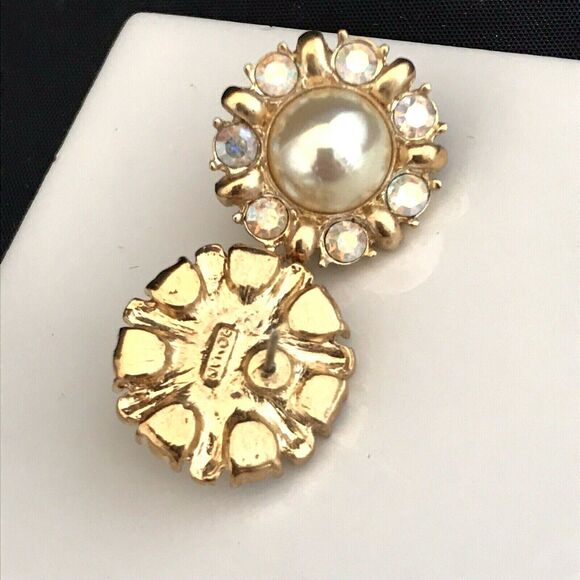 Vintage Roman Earrings Gold Tone Crystal Simulated Pearl Pierced 6Q - Picture 3 of 4